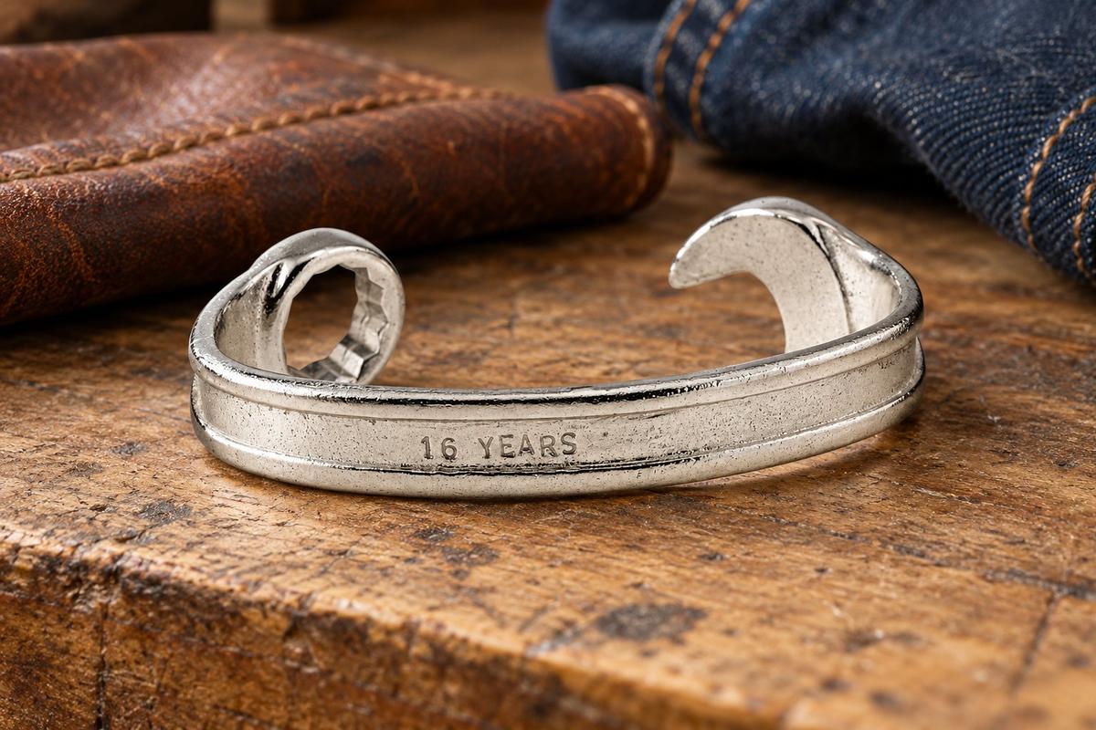 16th Anniversary Gift for Husband | Spanner Wrench Bangle for Men | Stamped '16 YEARS' Wedding Anniversary Gift, Handmade in Cornwall UK