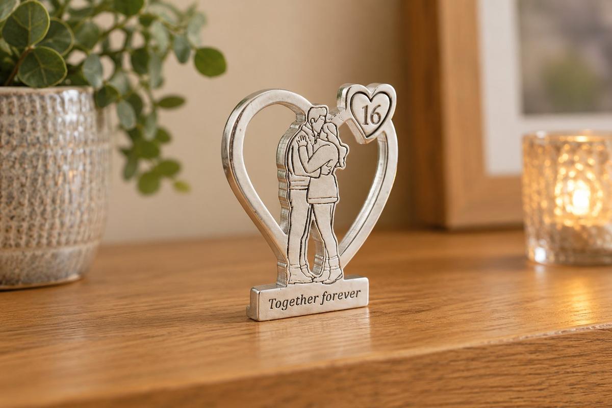 16th Anniversary Metal Ornament – Together Forever Hugging Couple Decoration – Romantic Gift for Husband or Wife