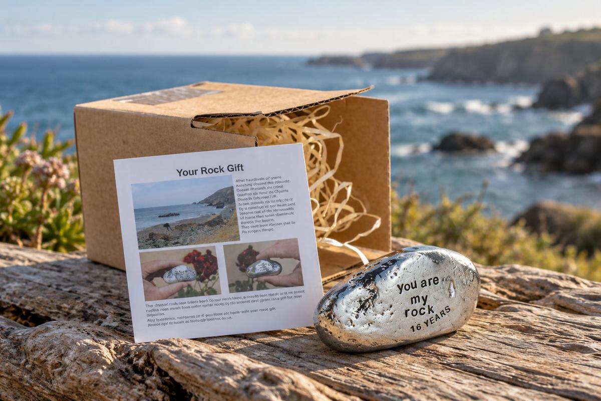16th wedding anniversary gift — solid polished metal 'You Are My Rock' keepsake engraved 'you are my rock 16 years', supplied in card gift box with story leaflet