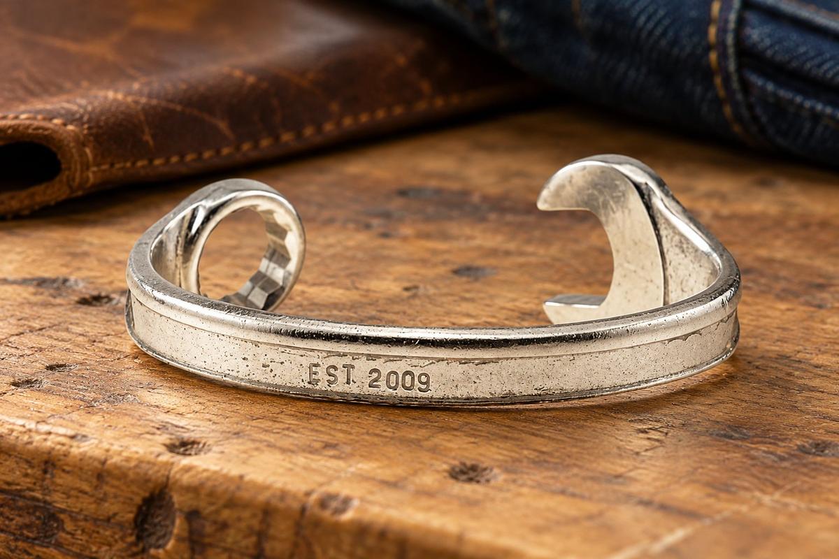 17 Year Anniversary Established 2009 Spanner Wrench Bangle Bracelet - Stamped with EST 2009