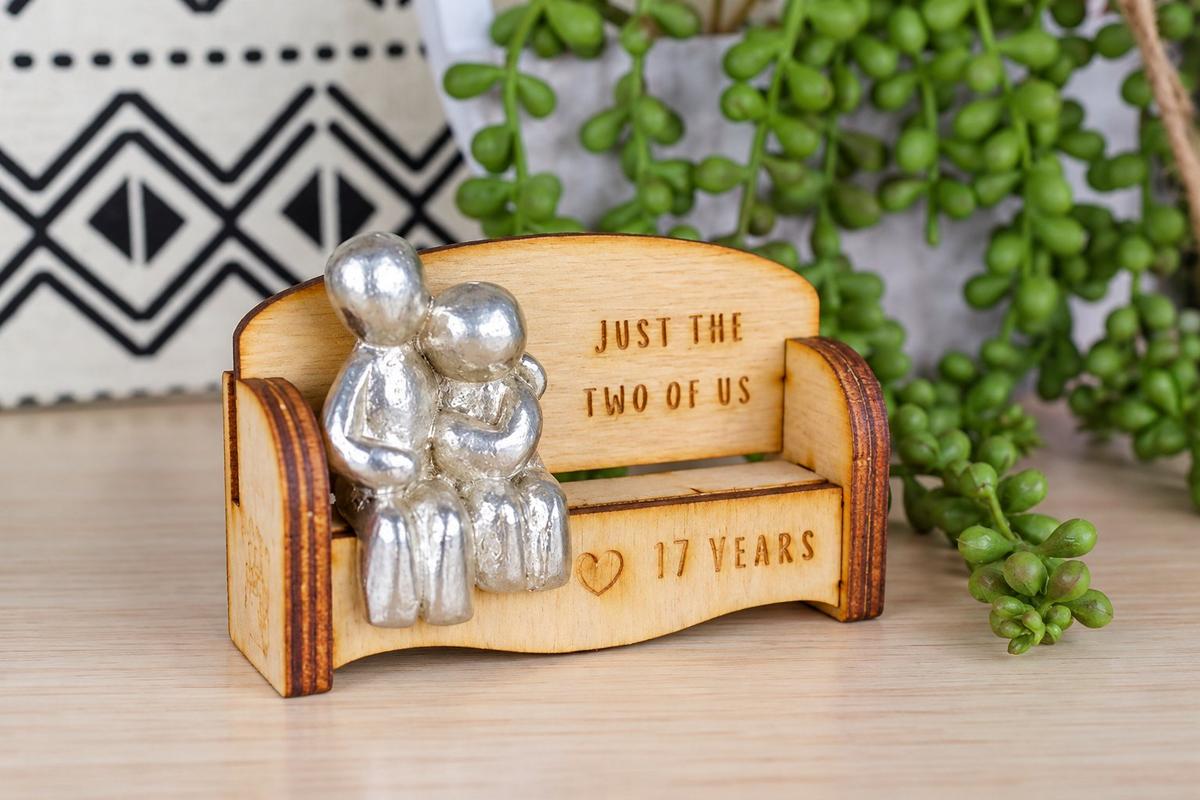 17 Year Anniversary Gift for Couples | Cuddling Couple Wooden Sofa Bench Figurine | 17th Furniture Anniversary Keepsake, Handmade UK