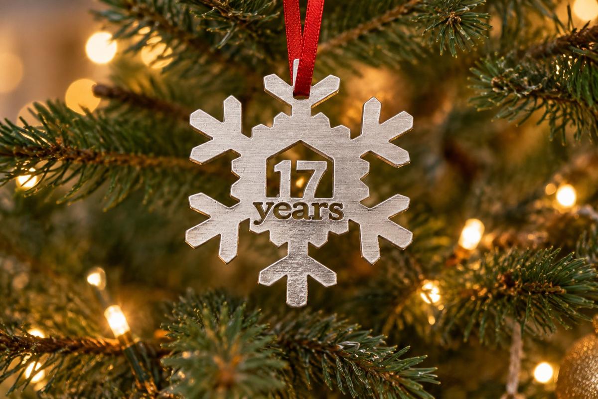 17 Year Cut Out Metal Snowflake Christmas Tree Hanging Decoration - 17th Wedding Anniversary