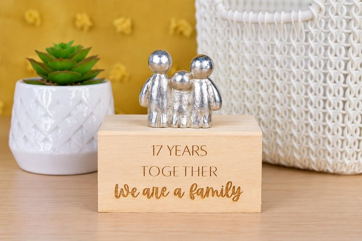 17th Anniversary Family Gift | Engraved Wooden Box Figurine