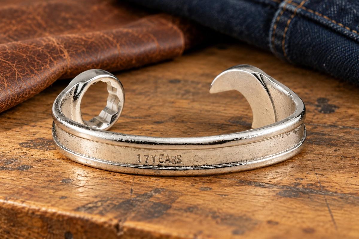 17th Anniversary or Birthday Gift Ideas For Him - Spanner Wrench Bangle Bracelet - Men's Gift Stamped With 17 YEARS