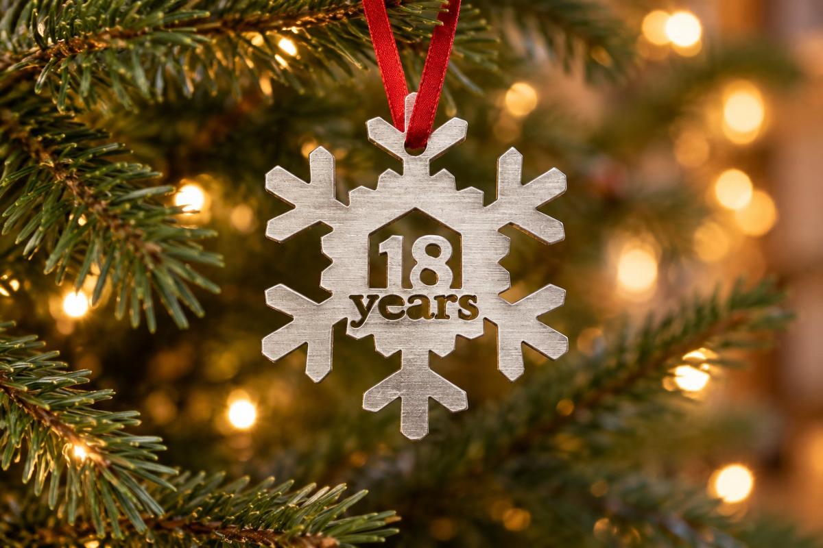 18 Year Cut Out Metal Snowflake Christmas Tree Hanging Decoration - 18th Wedding Anniversary