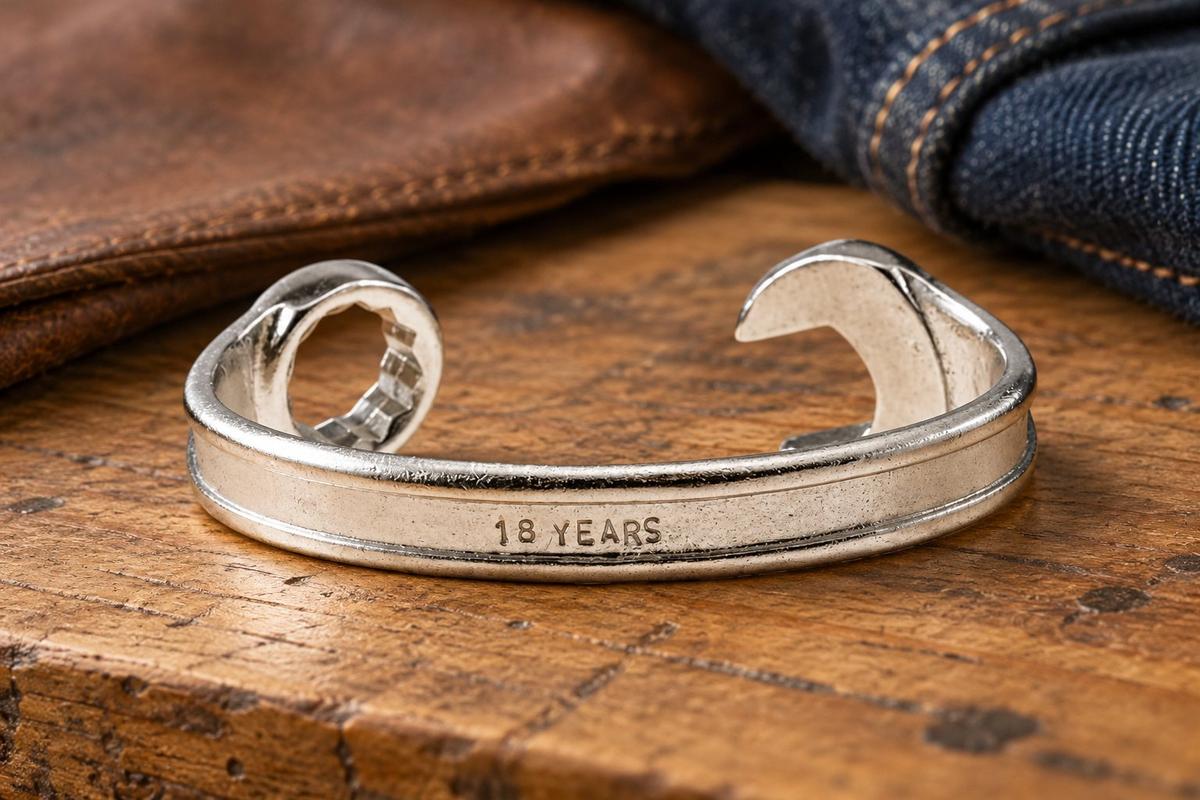 18th Anniversary Gift Idea - Spanner Wrench Bangle - Anniversary Gift Stamped With 18 YEARS