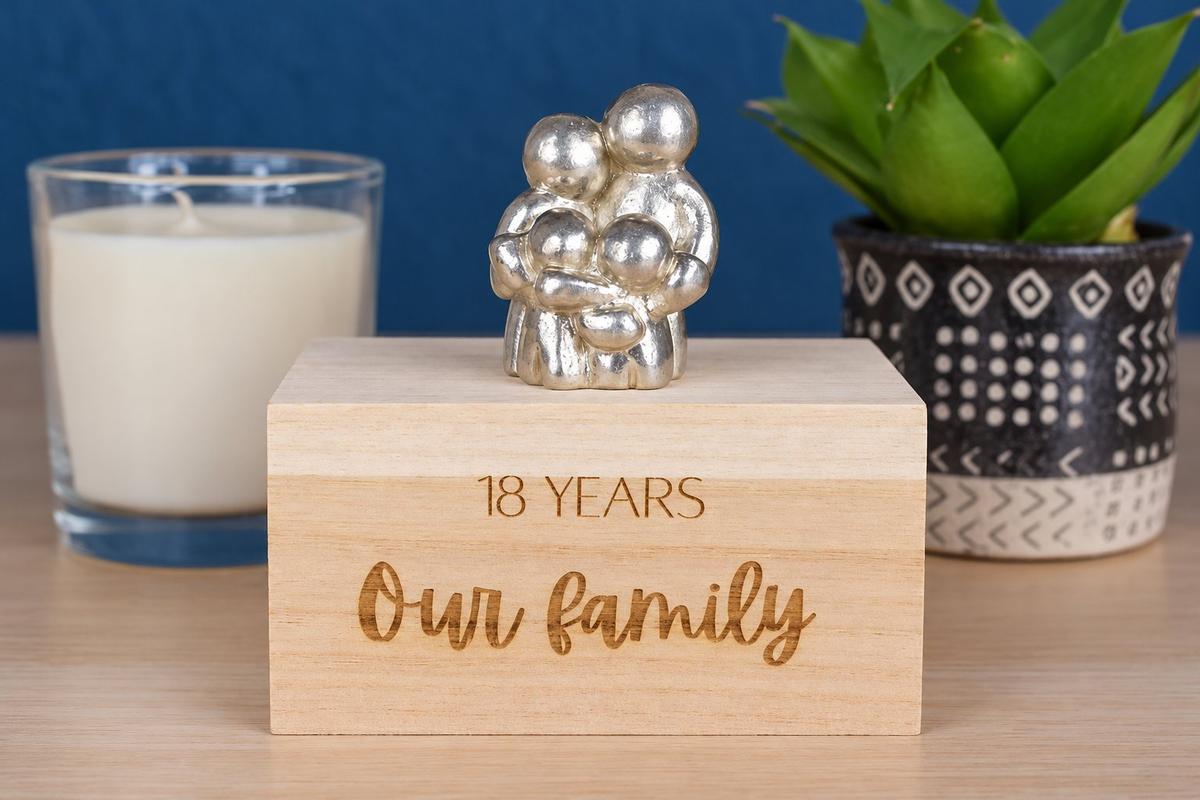 18th Anniversary Hugging Family Sculpture | Engraved Wooden Box