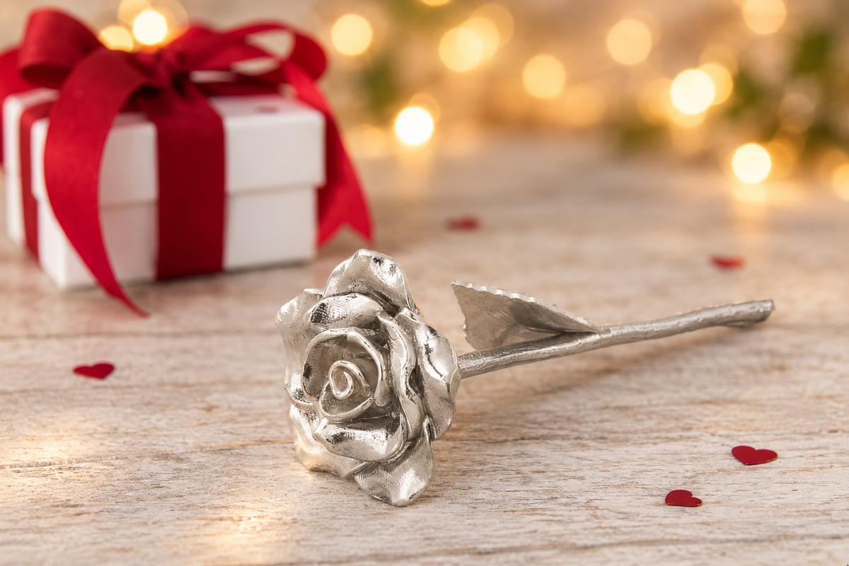 3rd Anniversary Gift - Solid Casted Metal Rose with Gift Tag