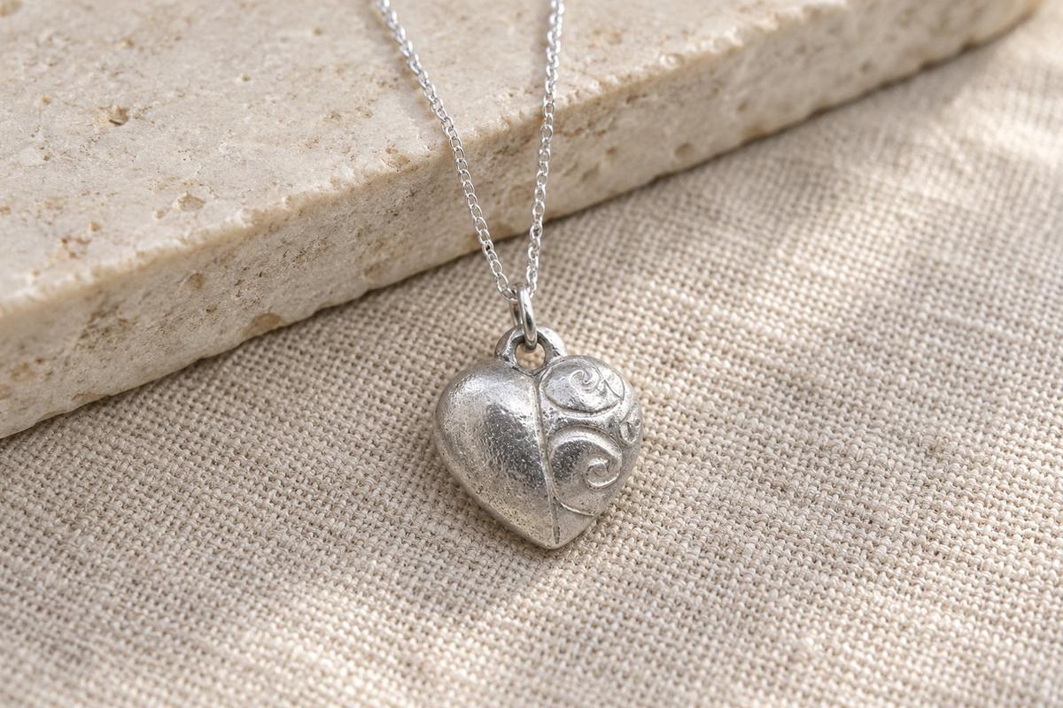Detailed Tin Heart Pendant - 100% Pure Tin 10 Year Anniversary. Birthday.