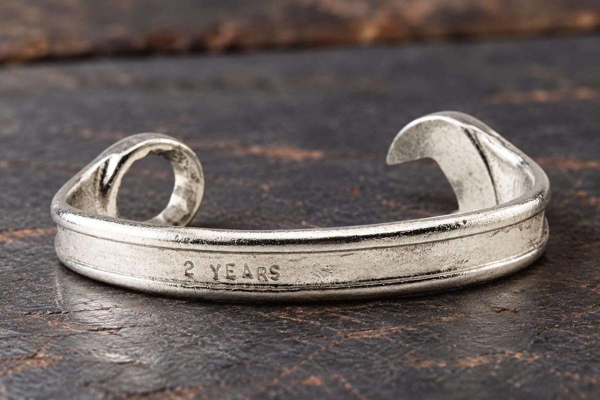 2nd Anniversary Gift Ideas For Him - Spanner Wrench Bangle Bracelet - Men's Gift Stamped With 2 YEARS