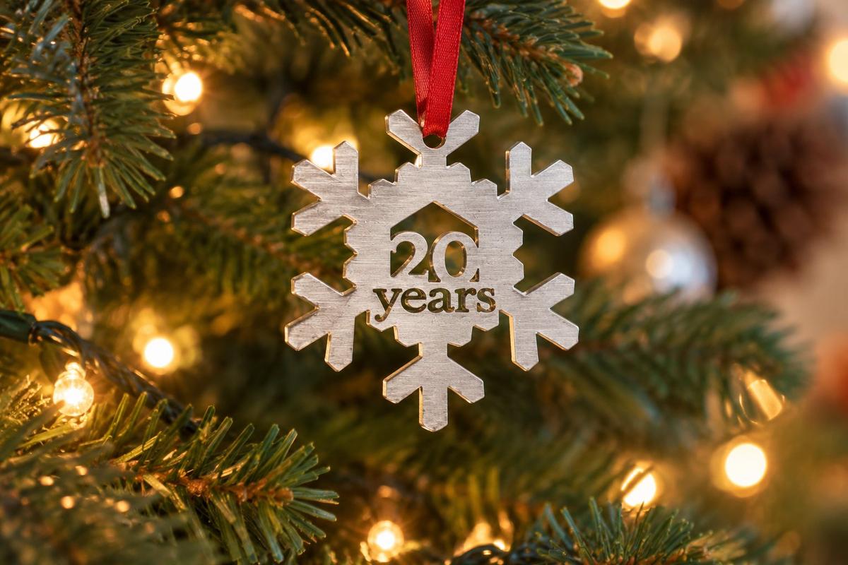 20 Year Cut Out Metal Snowflake Christmas Tree Hanging Decoration - 20th Wedding Anniversary