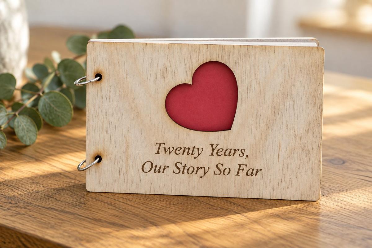 20th wedding anniversary gift — wood-effect scrapbook with red heart cutout, stamped 'Twenty Years, Our Story So Far'