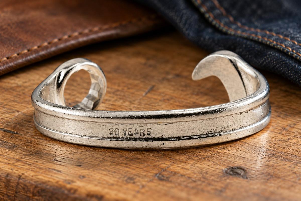 20th Anniversary Gift Ideas For Him - Spanner Wrench Bangle Bracelet - Men's Gift Stamped With 20 YEARS
