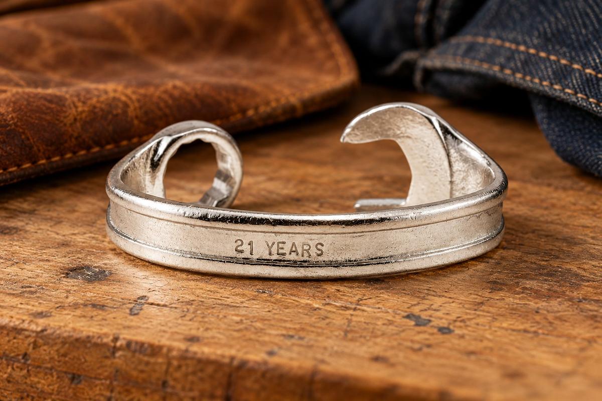 21st Birthday Gift Idea - Spanner Wrench Bangle Bracelet - Men's Birthday Gift Stamped With 21 YEARS