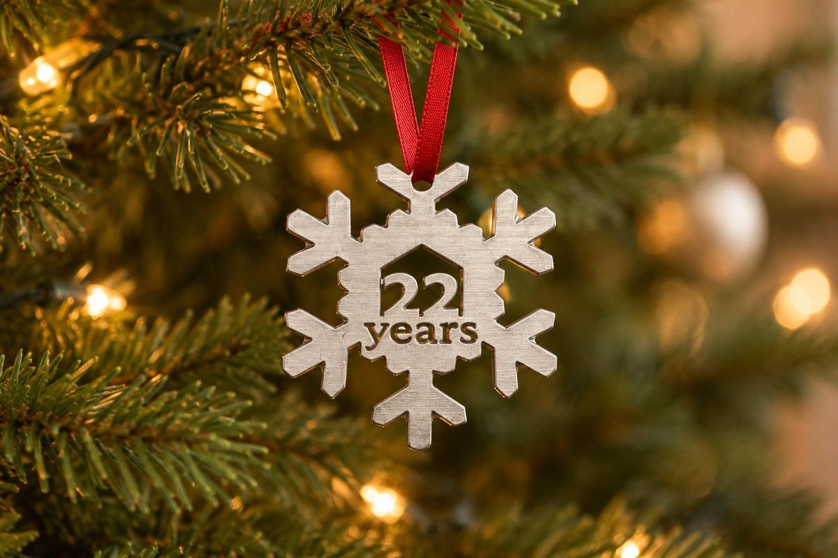22nd anniversary gift — cut-out metal snowflake Christmas tree decoration