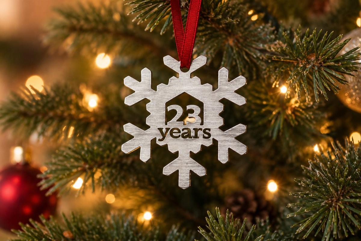 23 Year Cut Out Metal Snowflake Christmas Tree Hanging Decoration - 23rd Wedding Anniversary