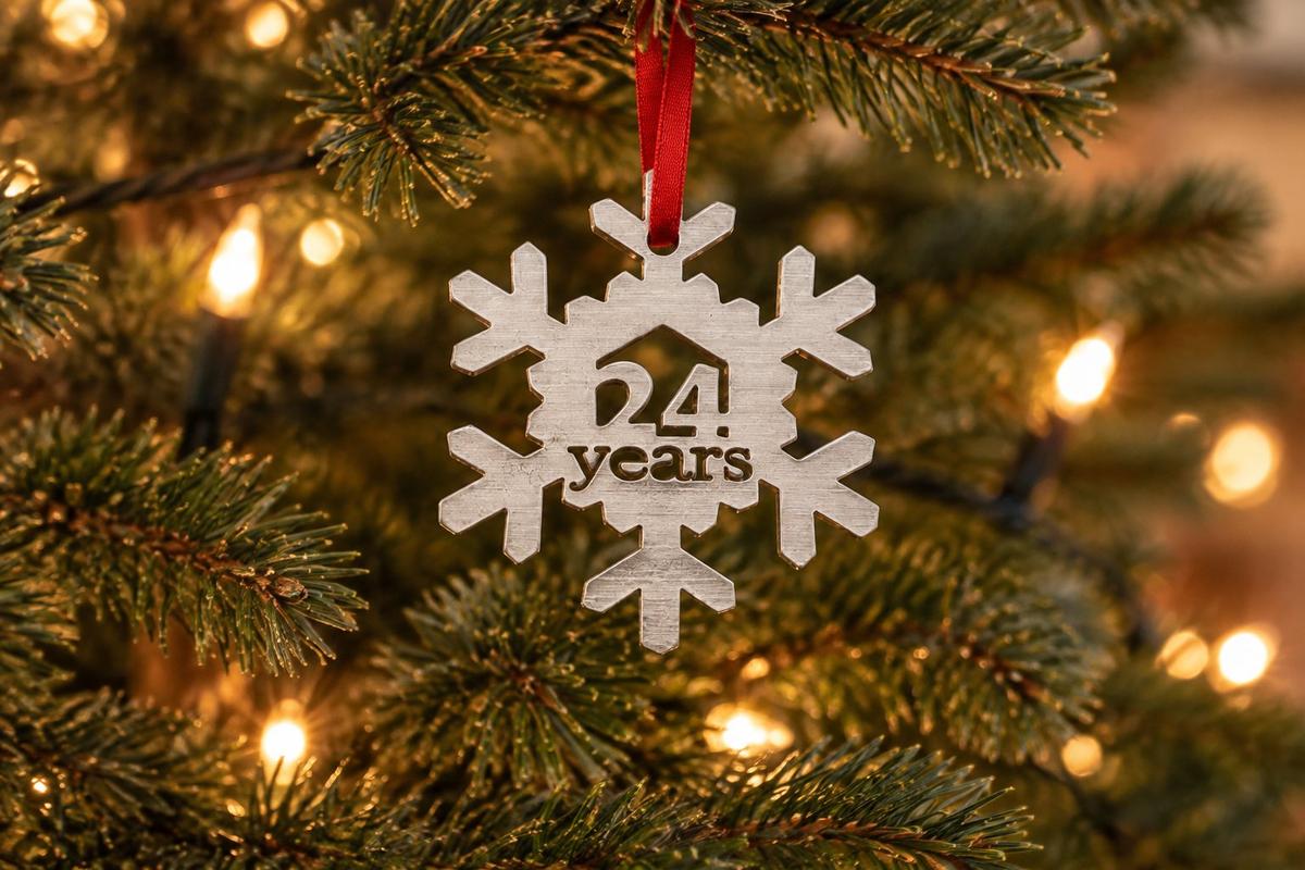 24 Year Cut Out Metal Snowflake Christmas Tree Hanging Decoration - 24th Wedding Anniversary