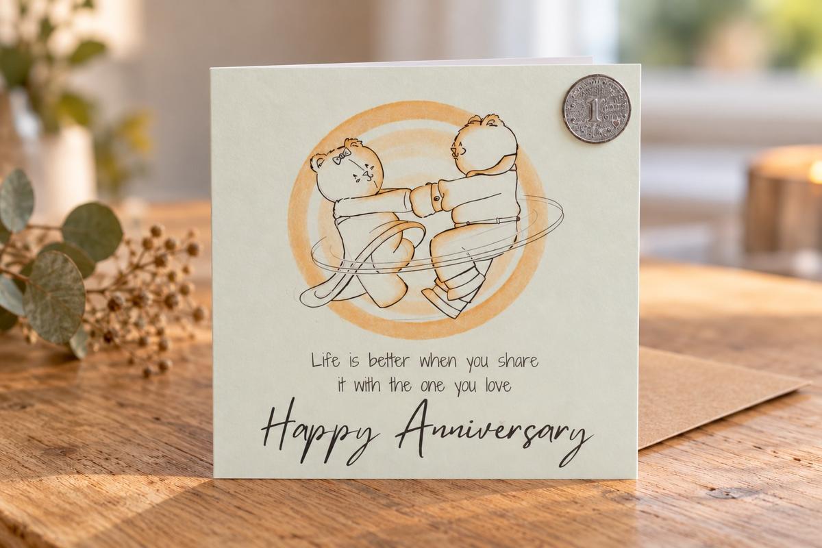 1st Anniversary Card - Bears Dancing, with 1st Anniversary Metal Token