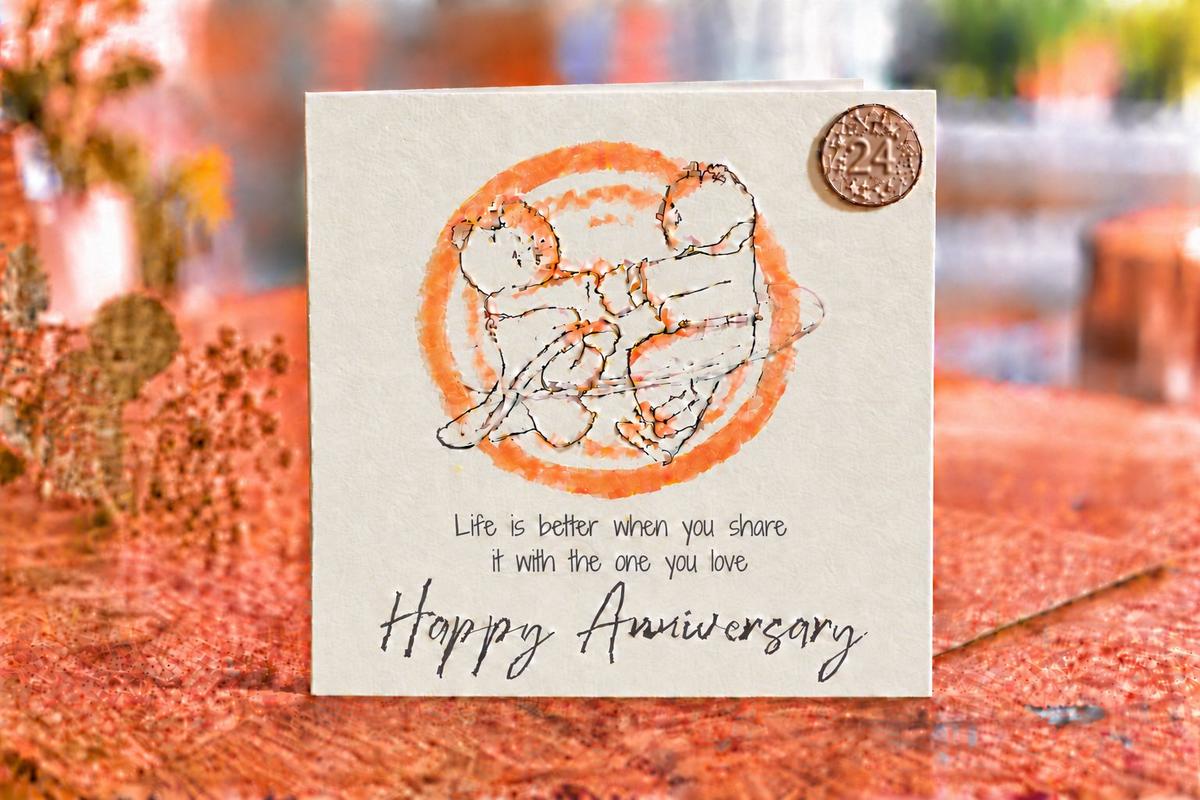 24th Anniversary Card - Bears Dancing, with 24th Anniversary Metal Token