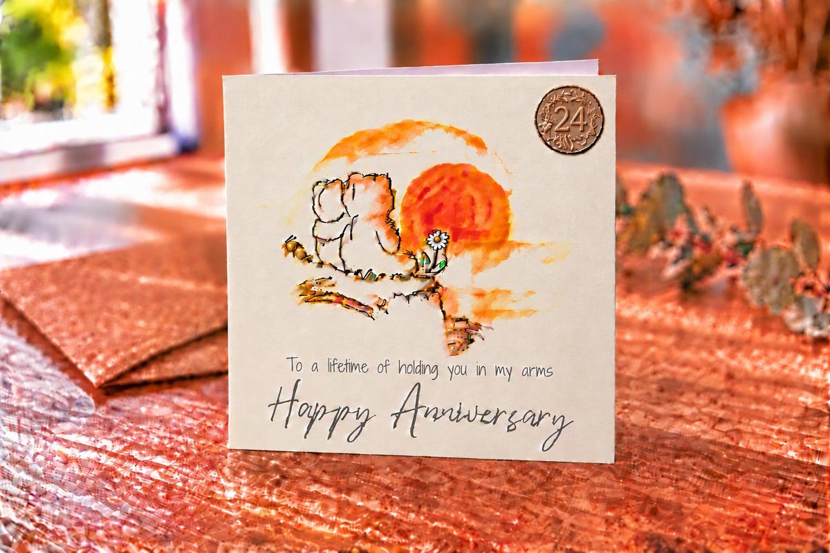 24th Anniversary Card - Bears Watching the Sunset, with 24th Anniversary Metal Token