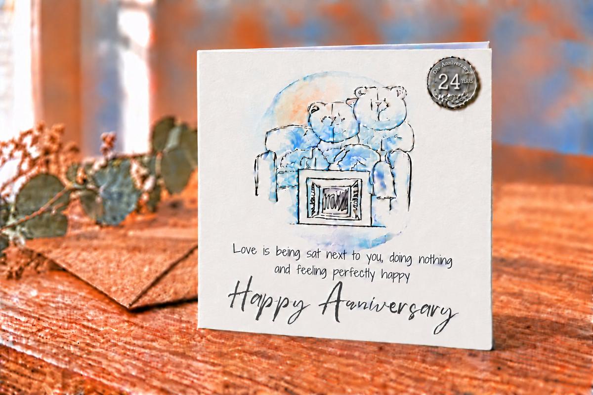 24th Anniversary Card - Relaxed Bears Watching TV, with 24th Anniversary Metal Token