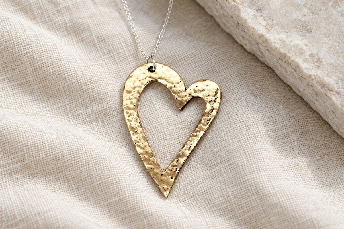 Bronze Open Heart Pendant - Modern Hammered Bronze Necklace