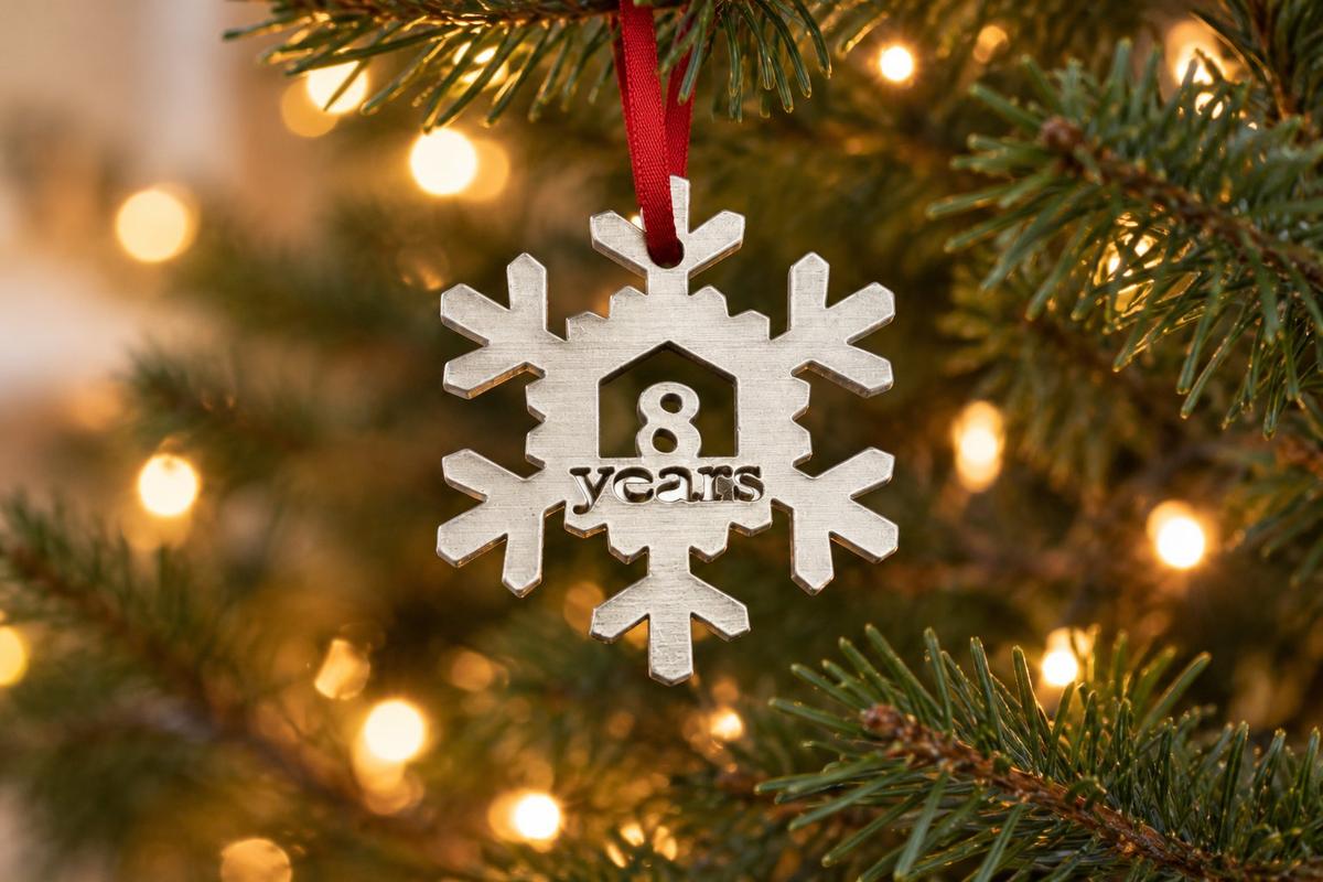 8 Year Cut Out Metal Snowflake Christmas Tree Hanging Decoration - 8th Wedding Anniversary