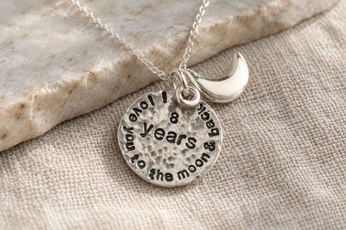 8th Anniversary Necklace - Hammered Moon, I Love You To The Moon And Back