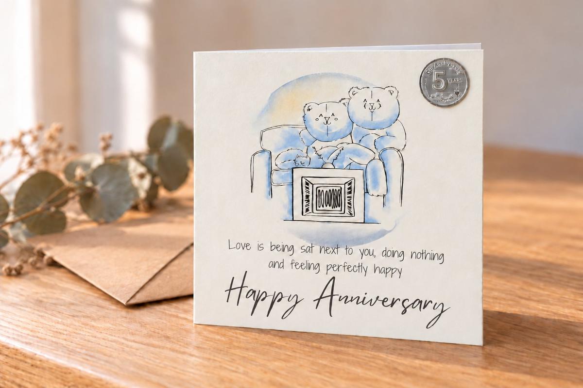 5th Anniversary Card - Relaxed Bears Watching TV, with 5th Anniversary Metal Token