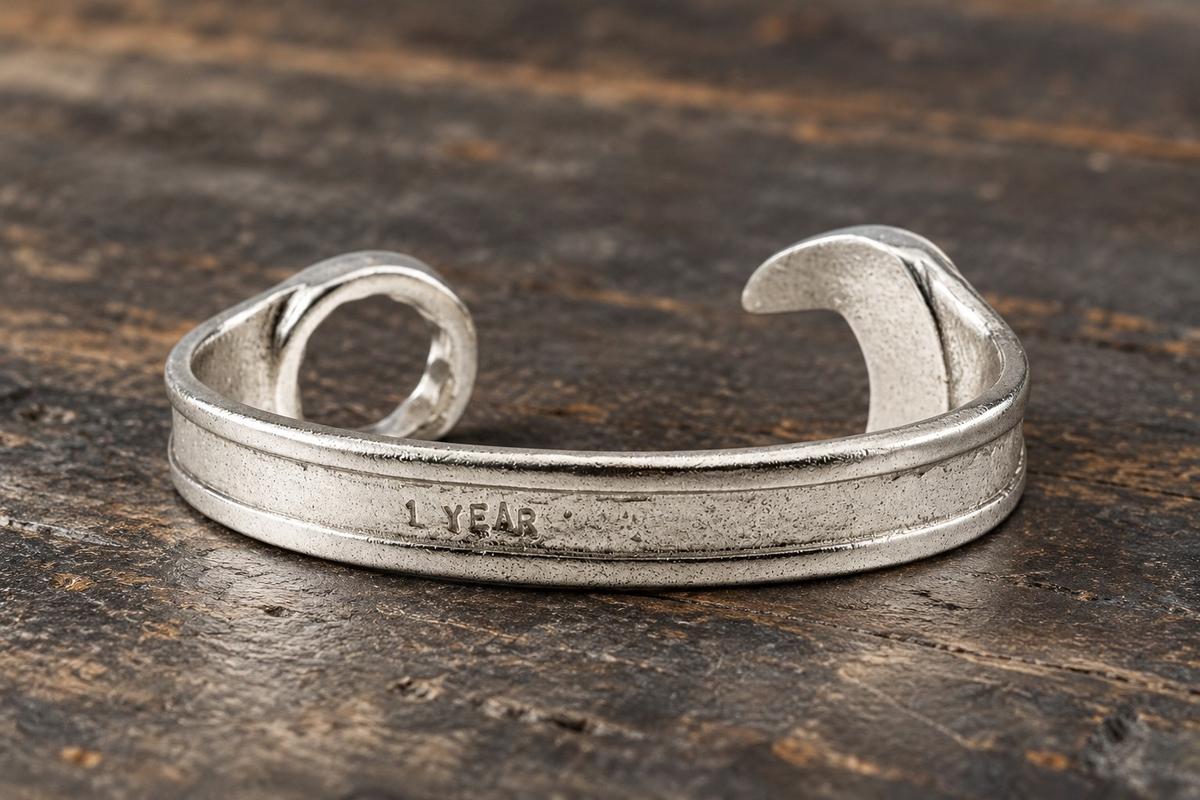 1st Anniversary Gift Ideas For Him - Spanner Wrench Bangle Bracelet - Men's Gift Stamped With '1 YEAR'