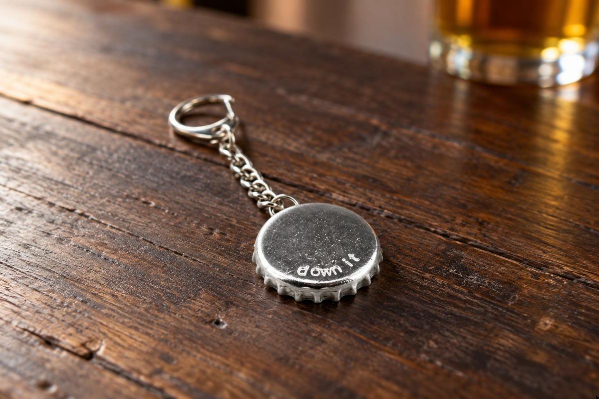 Down It. Tin Bottle Cap Keyring/Keychain. Token. Birthday. Anniversary. Fathers Day. Best Man.