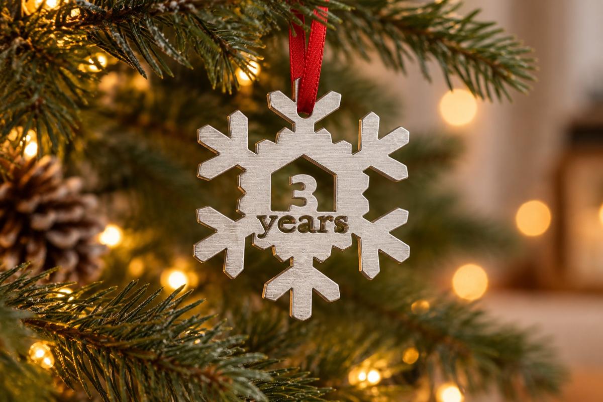3 Year Cut Out Metal Snowflake Christmas Tree Hanging Decoration - 3rd Wedding Anniversary