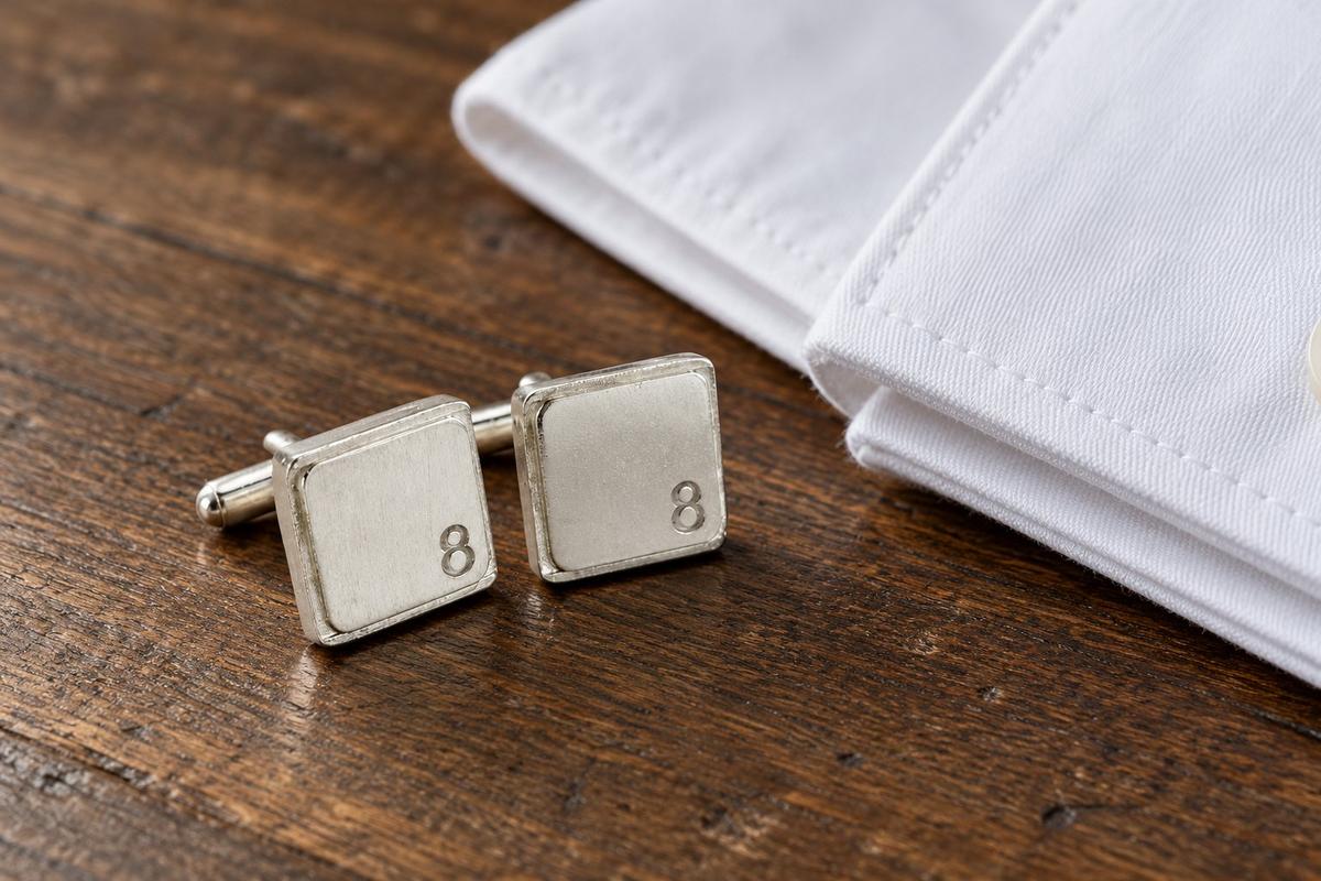 Polished Square Tin Cufflinks with '8' Engraved - 8th Anniversary