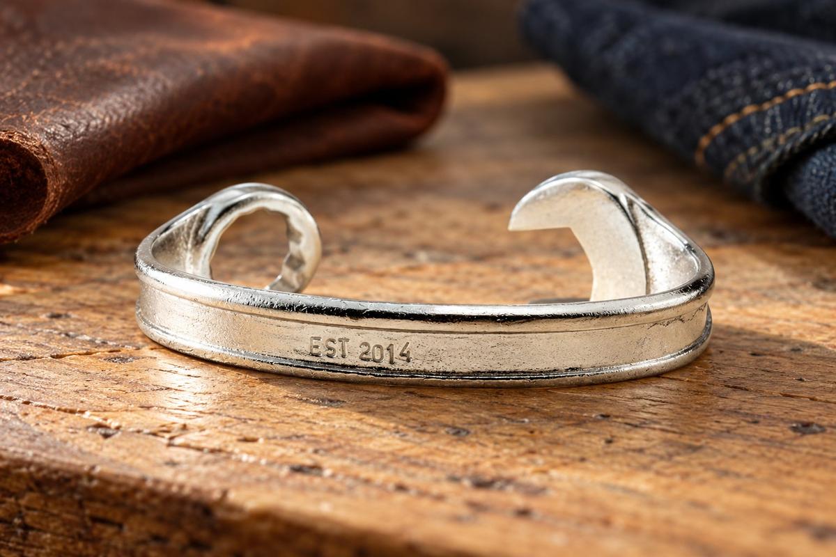 12 Year Anniversary Established 2014 Spanner Wrench Bangle Bracelet - Stamped with EST 2014