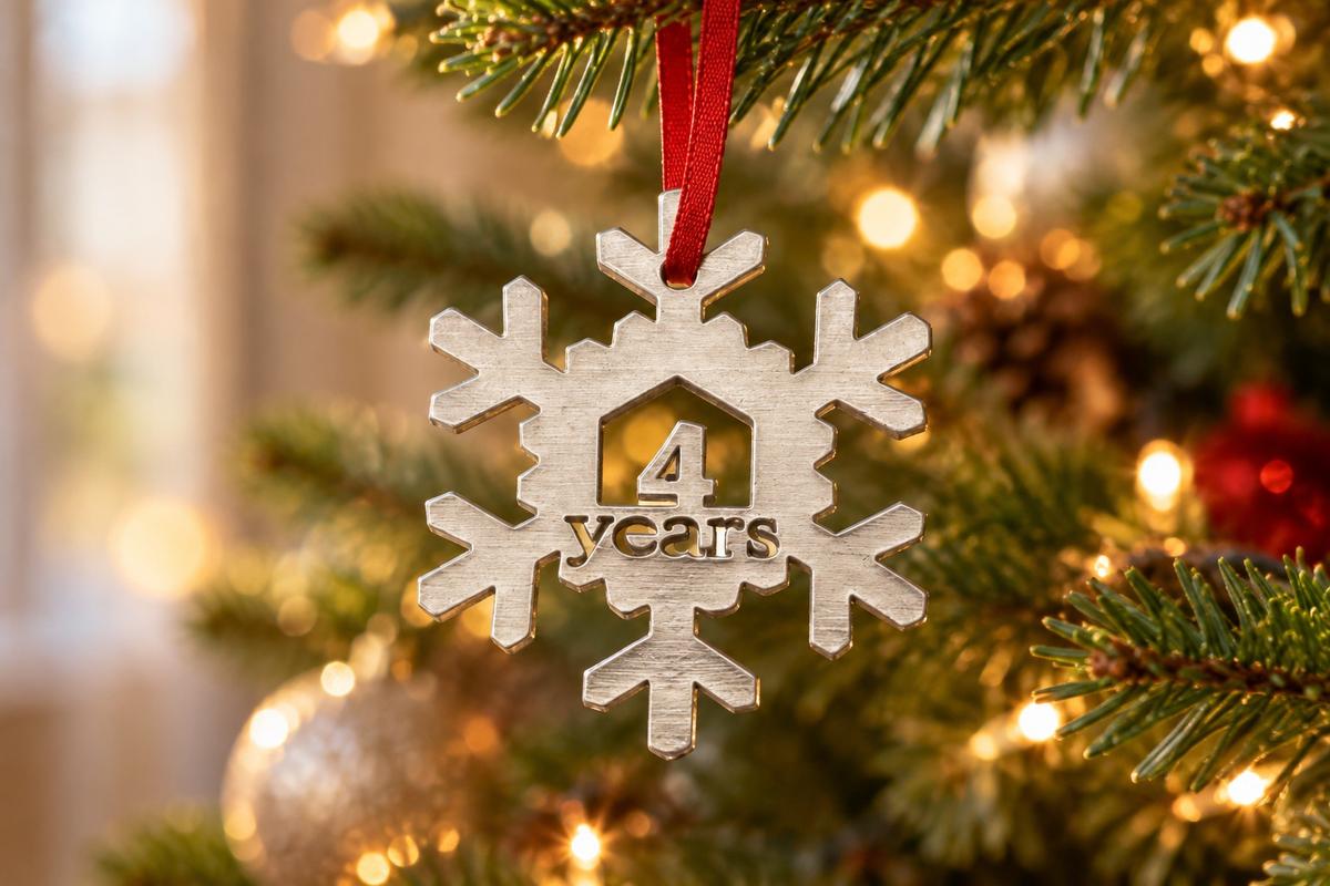 4 Year Cut Out Metal Snowflake Christmas Tree Hanging Decoration - 4th Wedding Anniversary