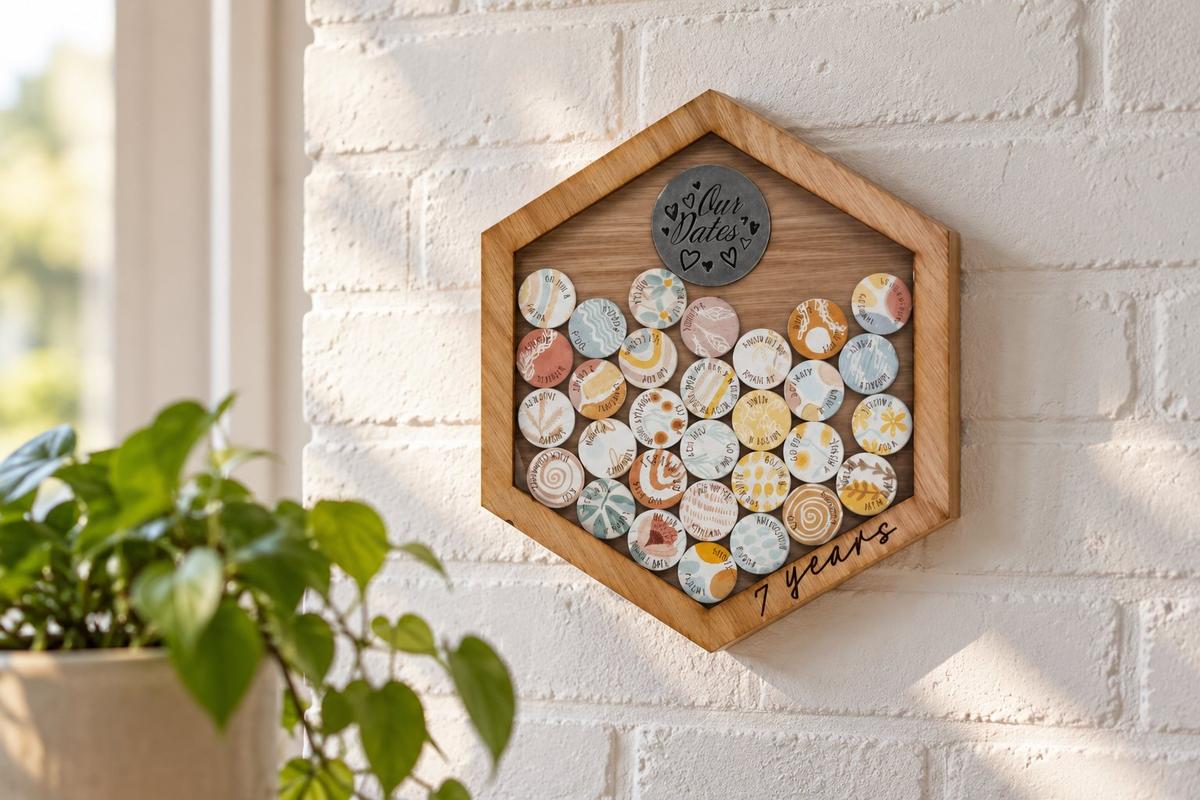 7th Anniversary Date Night Token Hanging Frame Ornament - Create 30 7th Anniversary Date Night Memories to Display (datenightframe07)