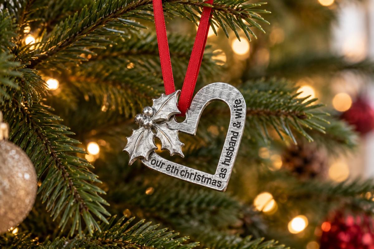 8 Year Anniversary Christmas Tree Ornament - Reads Our 8th Christmas as Husband & Wife