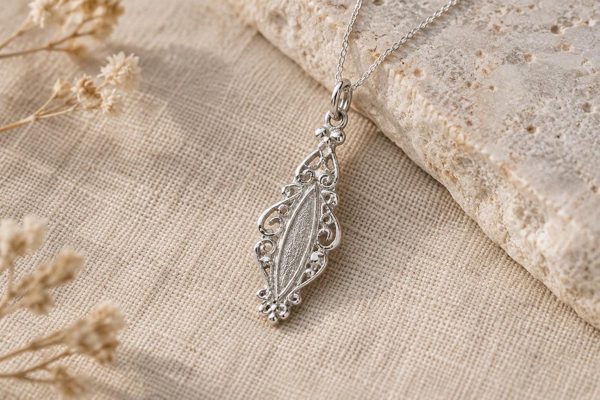 Tin Baroque Style Intricate Design Pendant Necklace – 10th Anniversary Gift, Pure Tin
