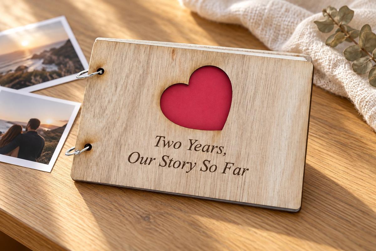 Wood-cover 'Two Years Our Story So Far' scrapbook with red heart cut-out — 2nd anniversary gift