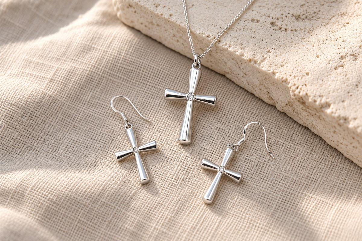 Classic Tin Diamond Cross Necklace and Earring set - 10th Anniversary gift