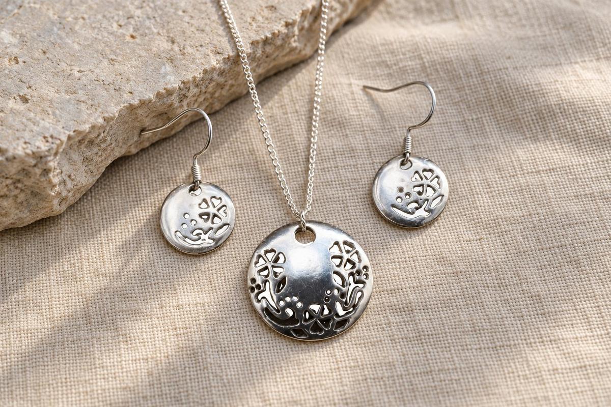 Tin Cut Out Flower Design Jewellery Set – Handcrafted Pure Tin Necklace & Earrings, Unique 10 Year Gift for Wife