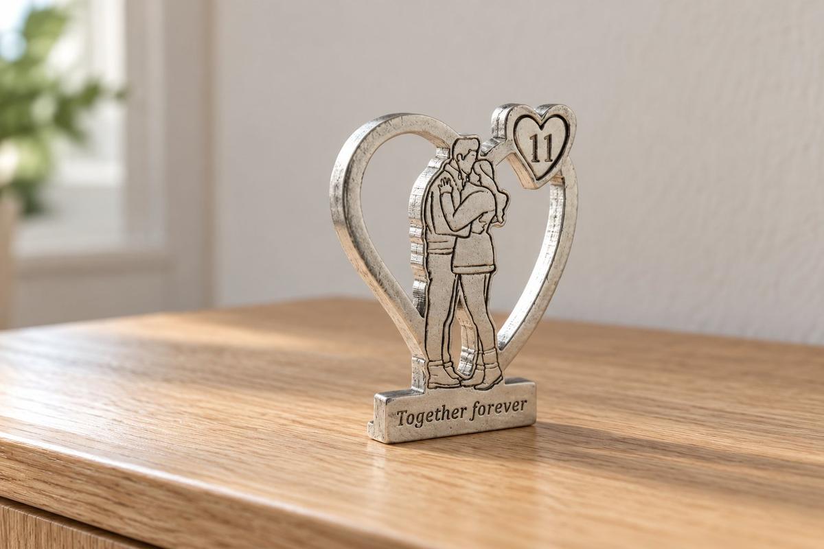 11th Anniversary Metal Ornament – Together Forever Hugging Couple Decoration – Romantic Gift for Husband or Wife