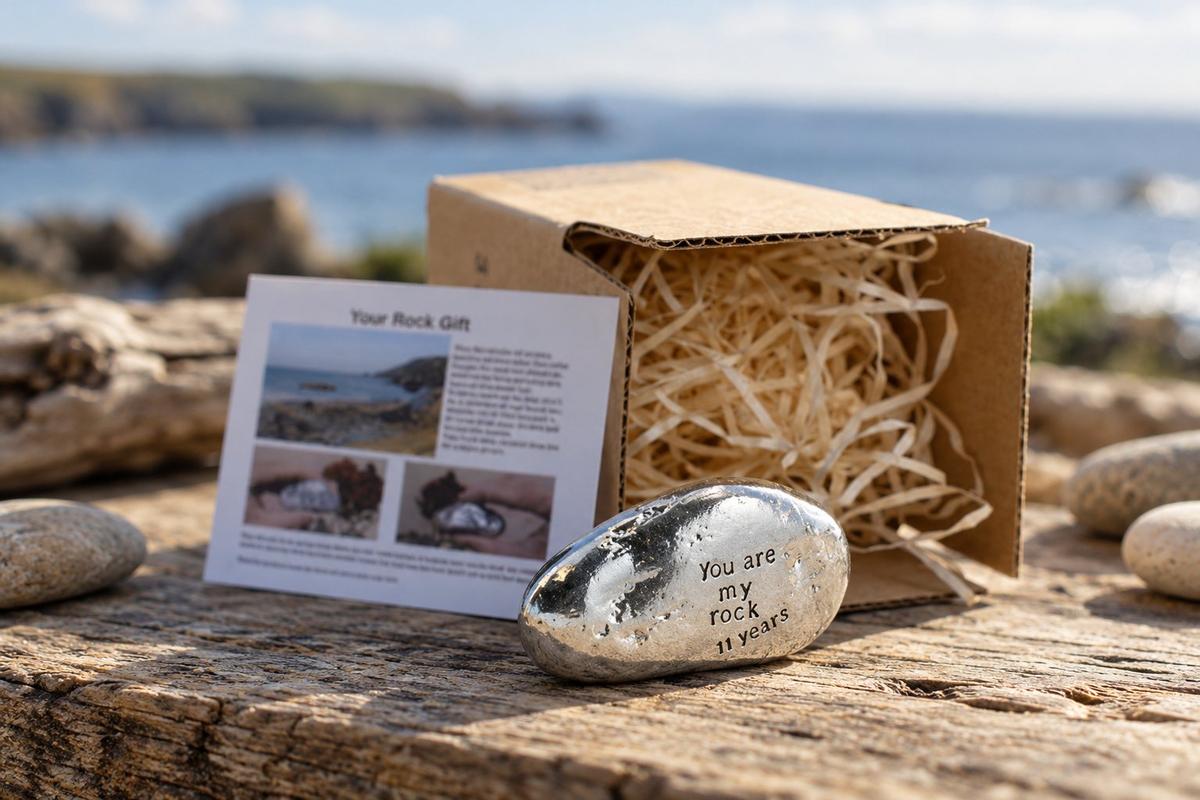 11 year anniversary gift — solid polished steel 'You Are My Rock' keepsake engraved 'you are my rock 11 years', supplied in card gift box with story leaflet