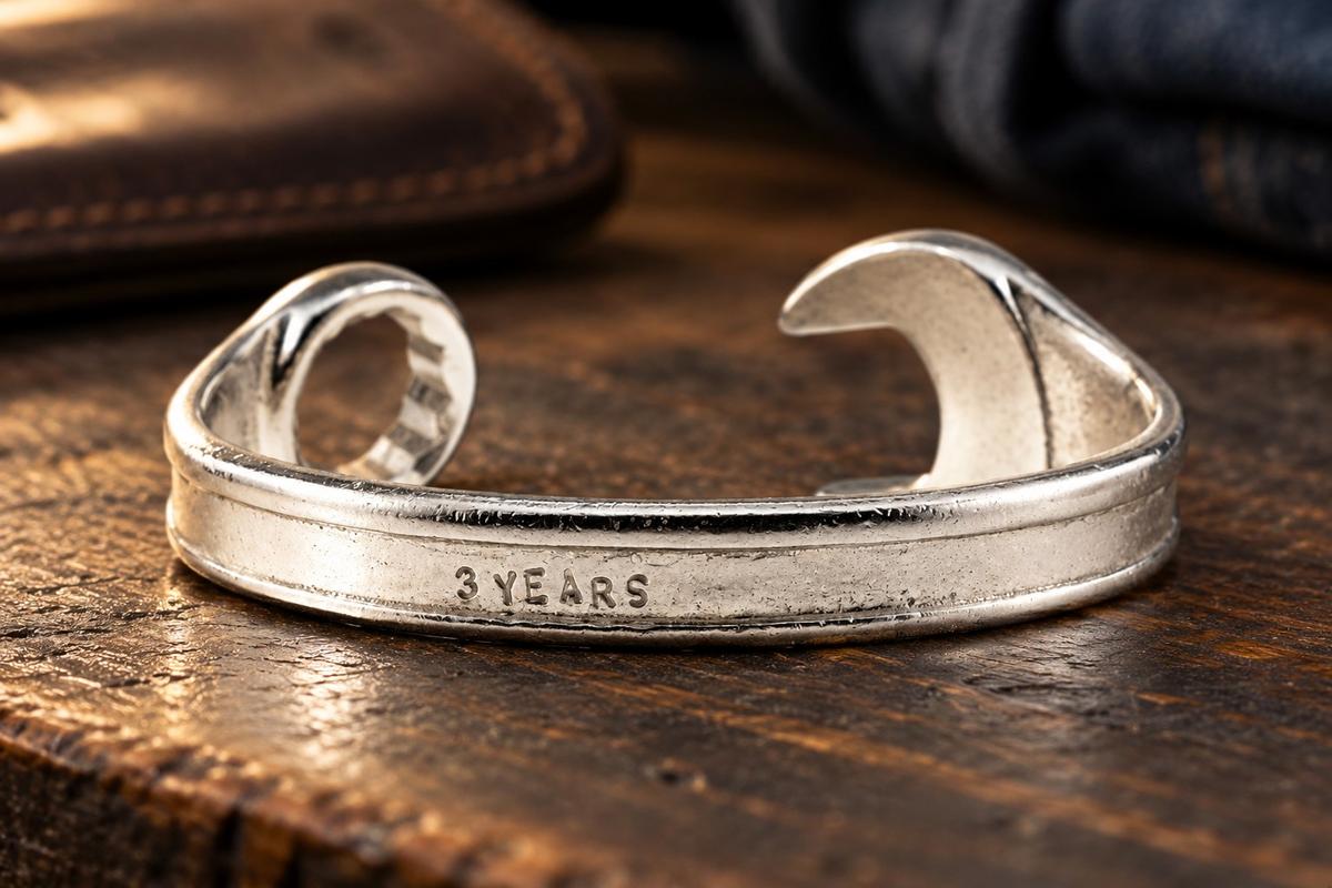 3rd Anniversary Gift Ideas For Him - Spanner Wrench Bangle Bracelet - Men's Gift Stamped With 3 YEARS