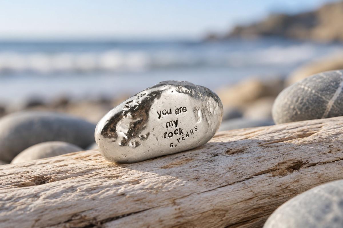 6 year anniversary gift — solid polished metal 'You Are My Rock' engraved with '6 YEARS'