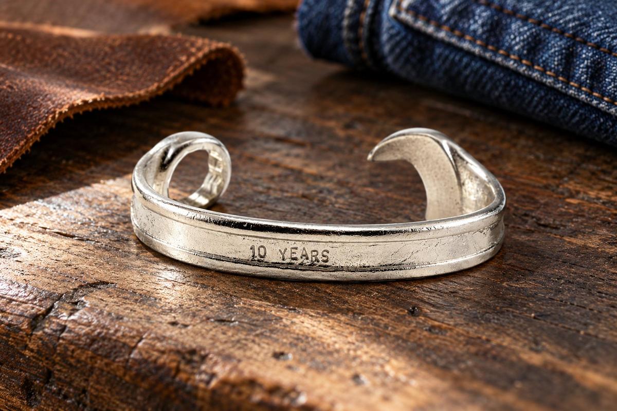 10th Anniversary Gift Ideas For Him - Spanner Wrench Bangle Bracelet - Men's Gift Stamped With 10 YEARS