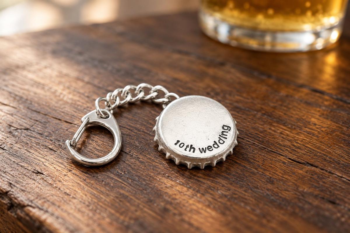 Tin 10 Year Anniversary bottle cap keyring.