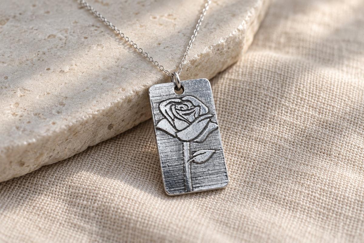 Tin Rose Design Pendant Necklace – 10th Anniversary Gift, Pure Tin