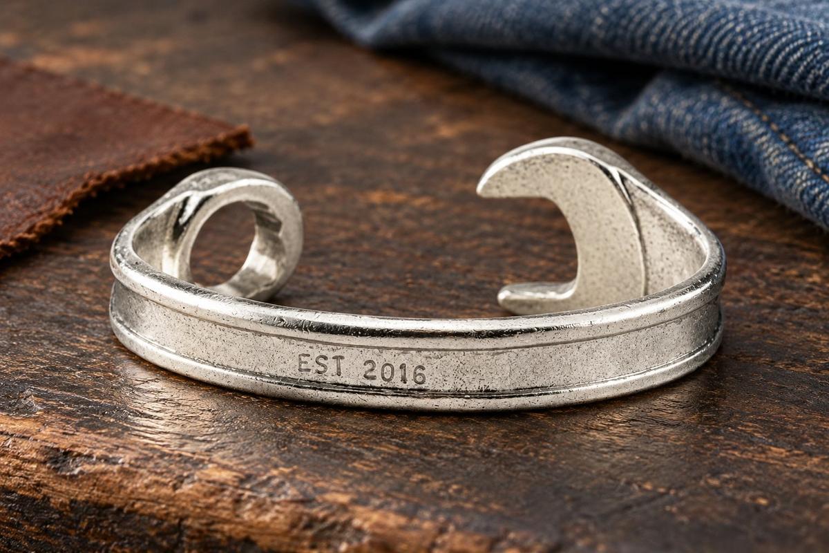 10 Year Anniversary Established 2016 Spanner Wrench Bangle Bracelet - Stamped with EST 2016