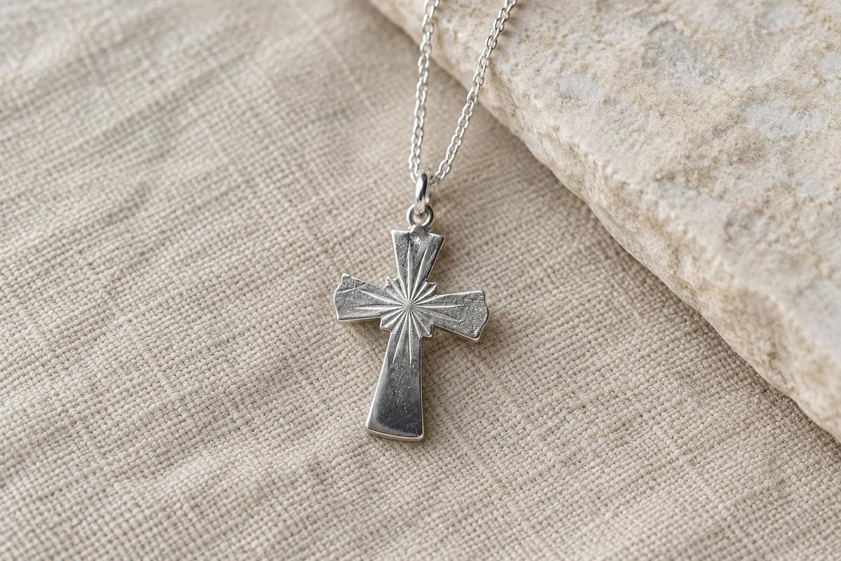 Detailed Tin Cross Necklace - 10th Anniversary Gift. Birthdays.